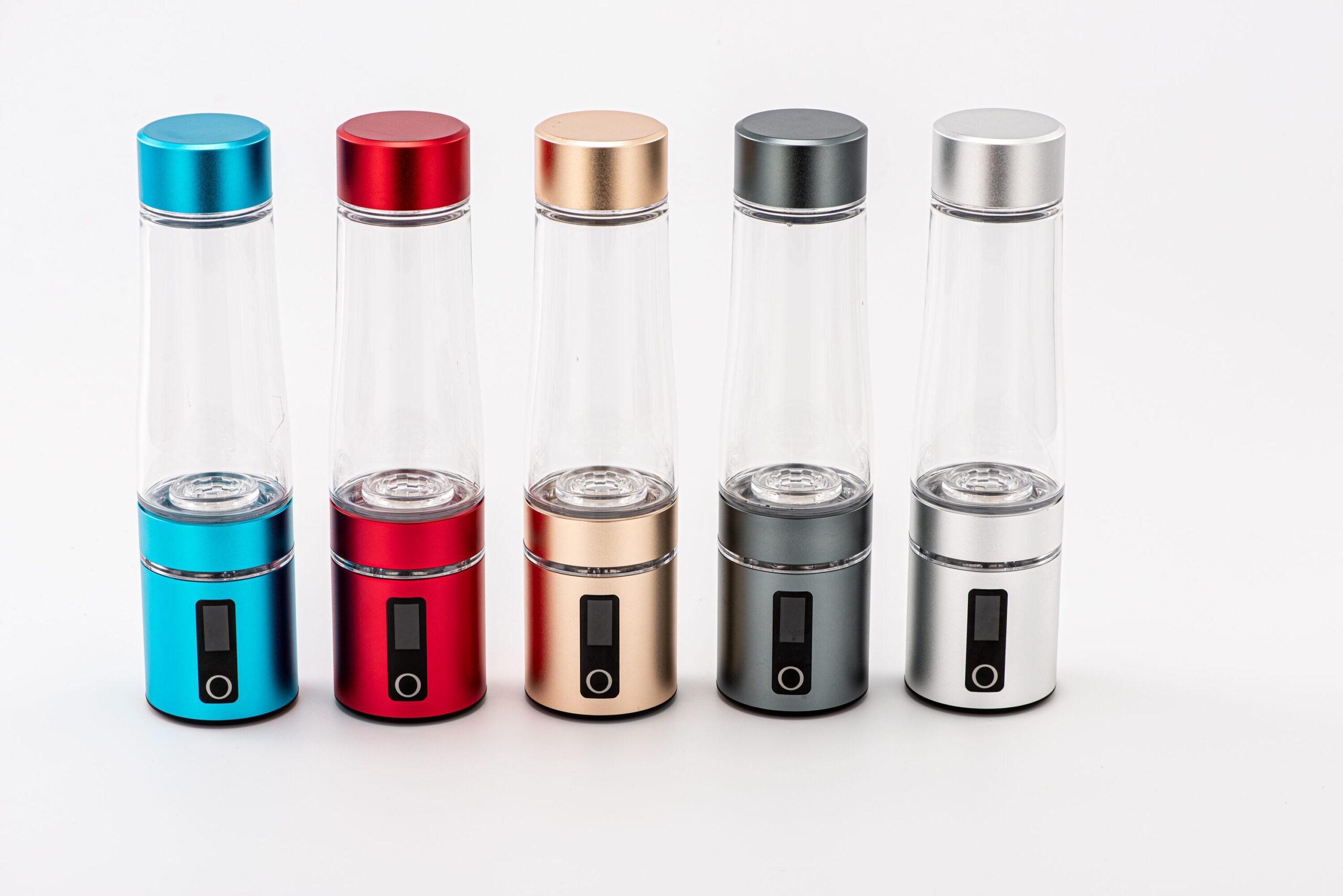 Five hydrogen water bottle finishes — blue, red, gold, grey, silver