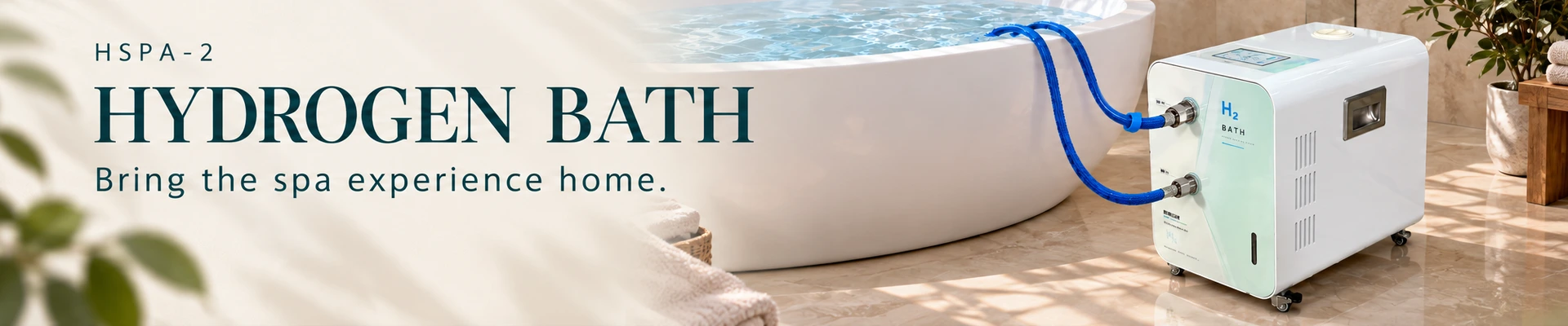 HSPA-2 Hydrogen Bath — Bring the spa experience home. Hydrogen bath machine beside a bathtub.