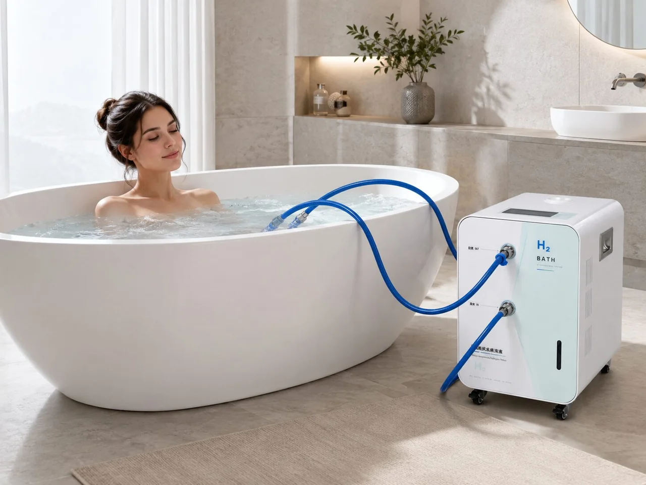 HSPA-2 beside a bathtub in a calm home bathroom
