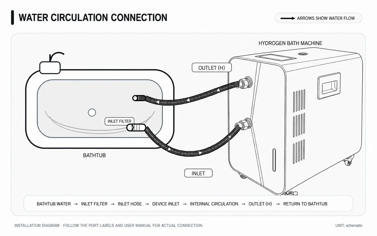Diagram showing the HSPA-2 inlet and outlet water loop connected to a bathtub